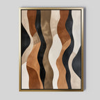 Wavy Patterns Abstract Canvas Art features wavy vertical bands in black, brown, beige, and cream tones. Elegantly set in a thin gold frame against a light gray background, this modern wall art adds sophistication to any space.