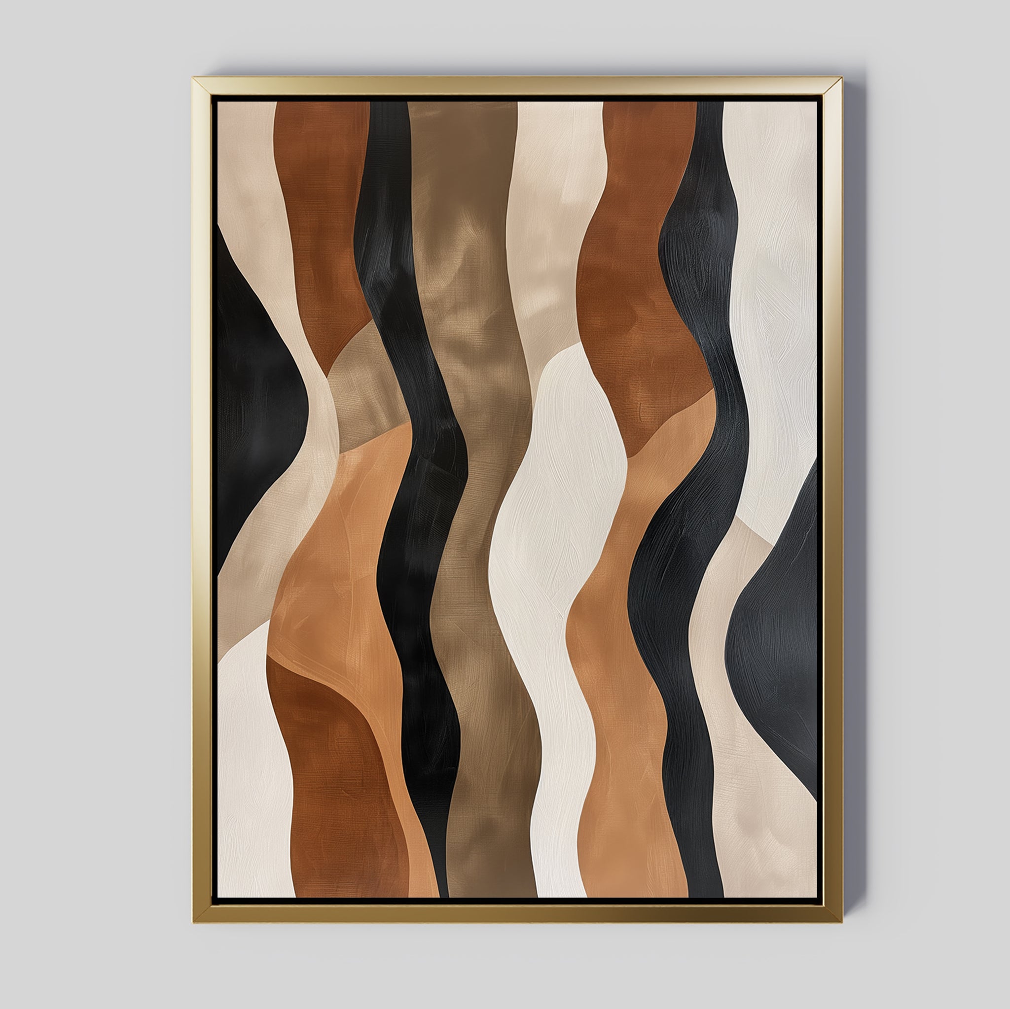 Wavy Patterns Abstract Canvas Art features wavy vertical bands in black, brown, beige, and cream tones. Elegantly set in a thin gold frame against a light gray background, this modern wall art adds sophistication to any space.