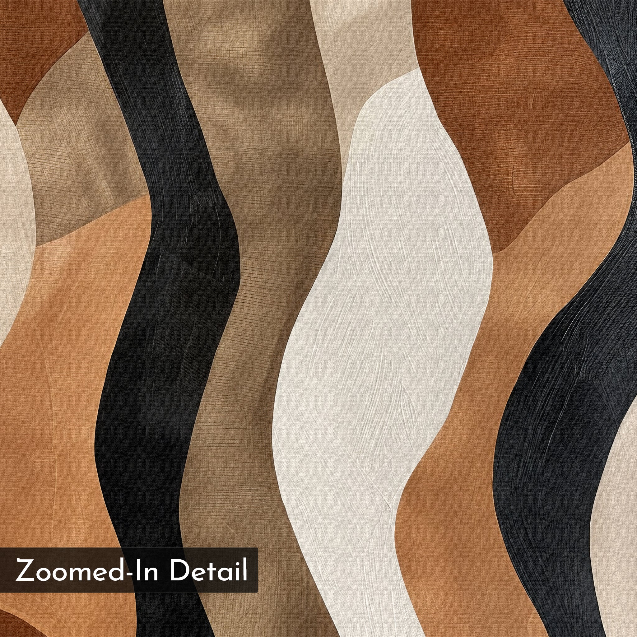 Close-up of Wavy Patterns Abstract Canvas Art showcasing flowing lines in black, white, beige, tan, and brown. The image emphasizes zoomed-in details, with only HTML comment tags visible and no product description text provided.