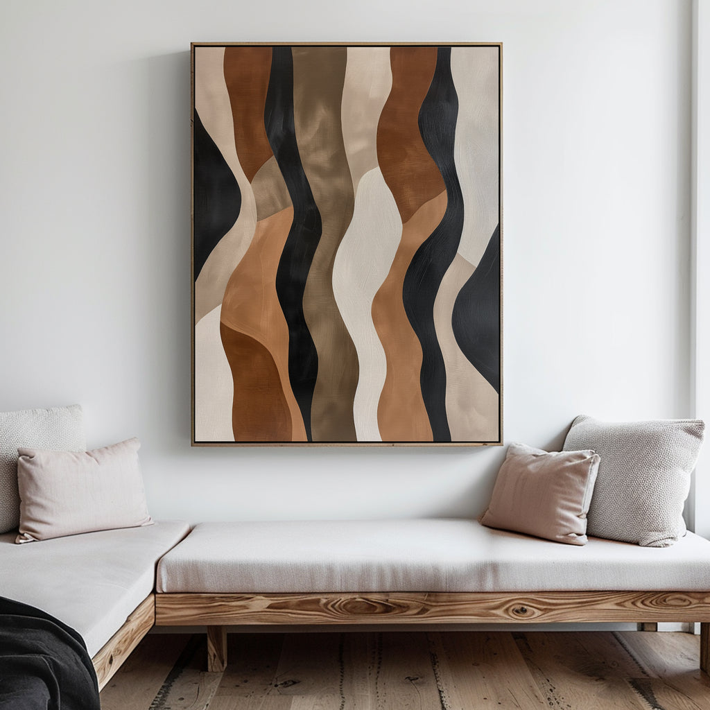 A modern living room with a wooden bench, beige and light pink cushions, and the Wavy Patterns Abstract Canvas Art—featuring black, brown, tan, and cream wavy shapes—hung on the crisp white wall above.