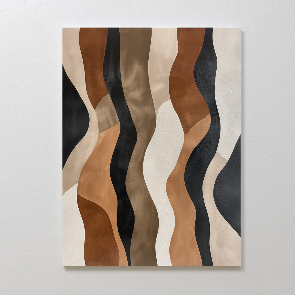 The Wavy Patterns Abstract Canvas Art features wavy vertical stripes in black, brown, beige, and tan on white, bringing an organic flow and unique design to contemporary spaces.