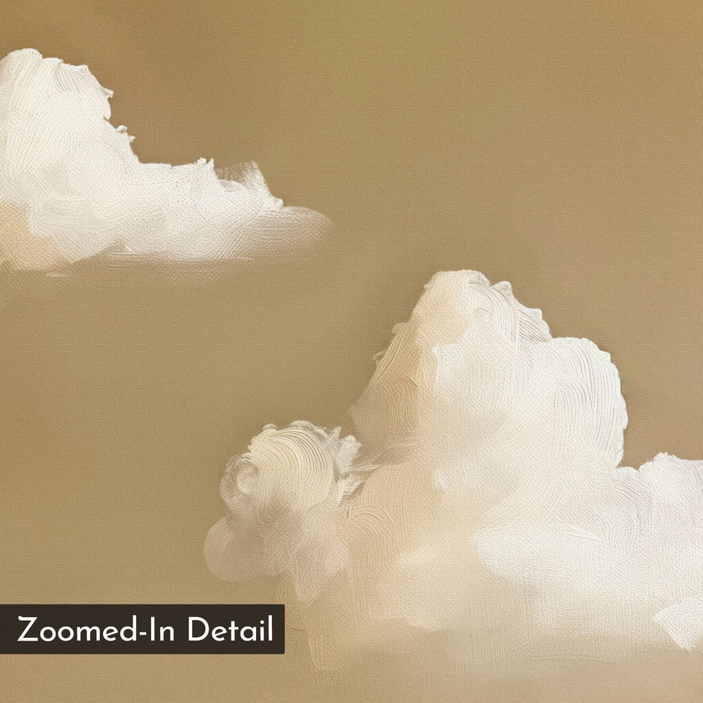 Zoomed-in detail of white, fluffy clouds with visible brushstrokes on a warm beige background. "Whispering Clouds" minimalist wall art features a black label in the bottom left corner that reads Zoomed-In Detail.