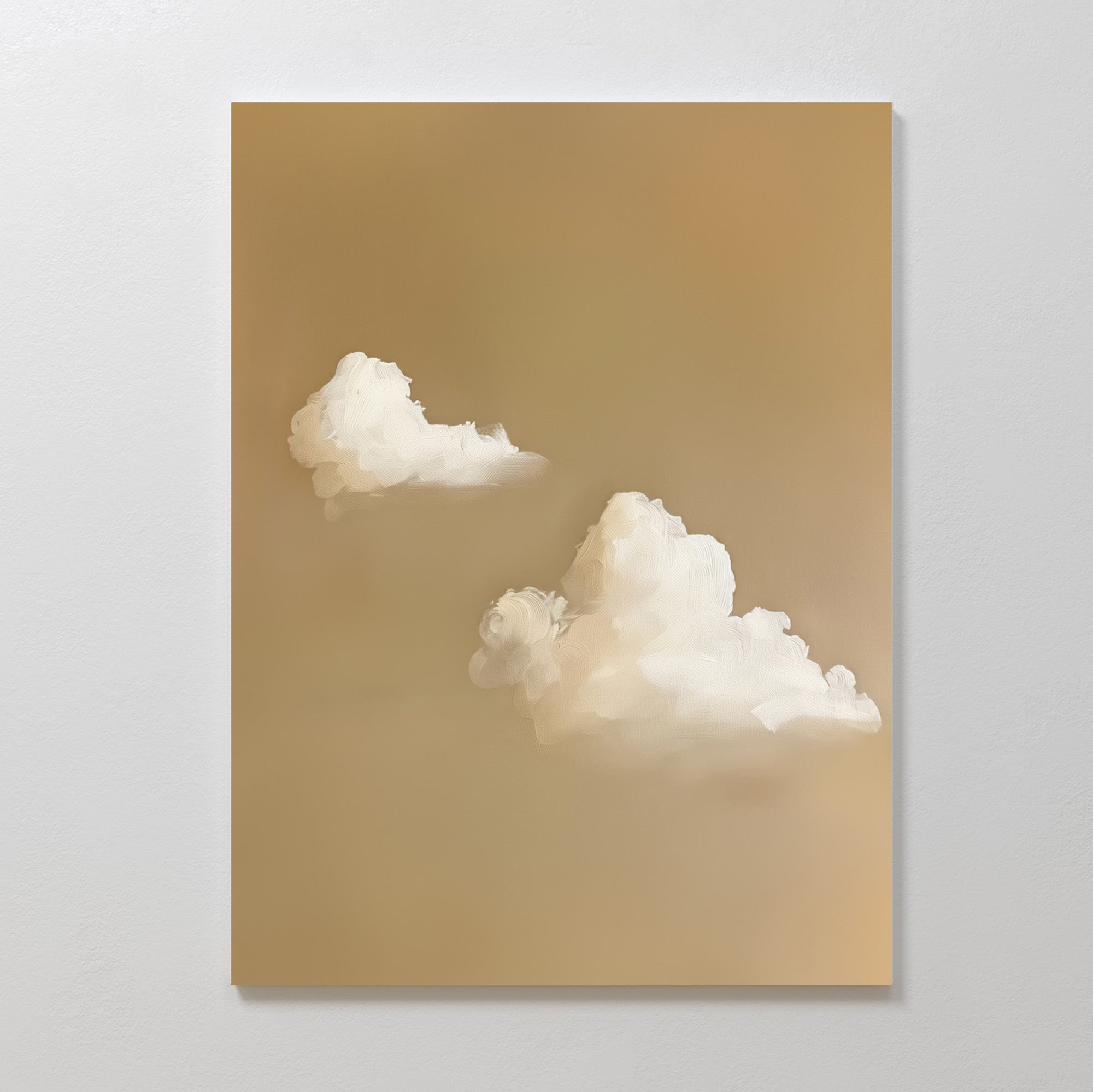 Whispering Clouds: Minimalist wall art with two fluffy white clouds on a warm beige background. Its serene style and gentle tones make it ideal for living room or bedroom decor.
