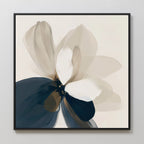 Whispering Petals Canvas Art features a minimalist, abstract flower with soft beige, navy blue, and white petals on a light background in a black frame—serene wall art ideal for modern living room decor.