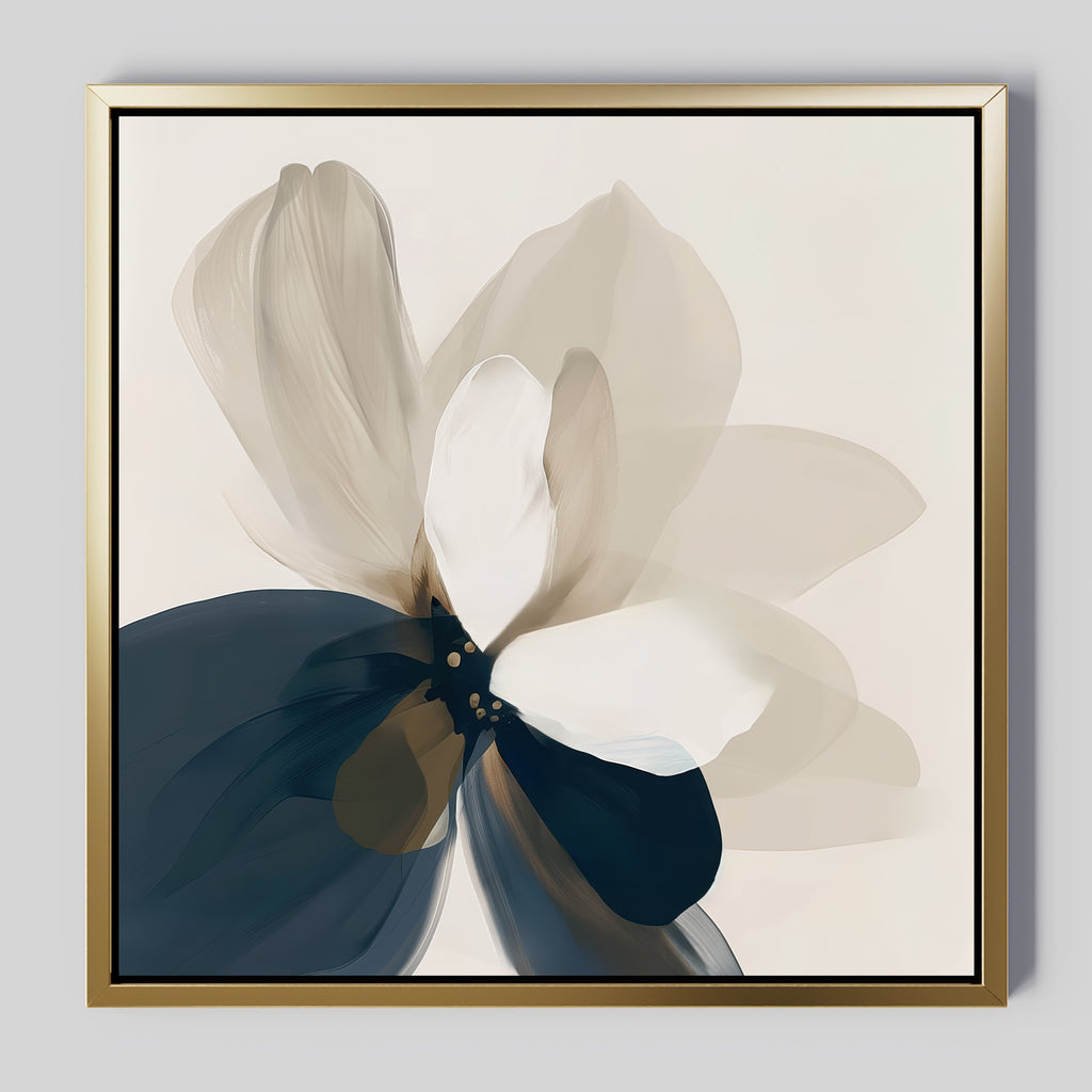 Whispering Petals Canvas Art features an abstract flower with overlapping translucent beige, white, and dark blue petals on a light background in a thin gold frame—an elegant, minimalist choice for your living room decor.