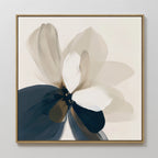 Whispering Petals Canvas Art features a serene flower painting with overlapping beige, white, and deep blue petals in a thin gold frame—perfect minimalist decor for your living rooms light-colored walls.