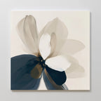 Whispering Petals Canvas Art features a minimalist, abstract flower with soft, overlapping beige, white, and dark blue petals on a light background—ideal for adding serene style to your modern living room decor.