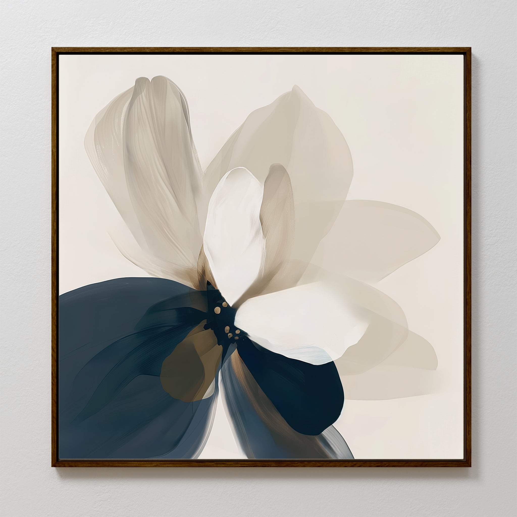 The Whispering Petals Canvas Art showcases an abstract flower with soft, overlapping petals in beige, white, and dark blue on a light background, framed in slim dark wood—ideal for serene living room decor.