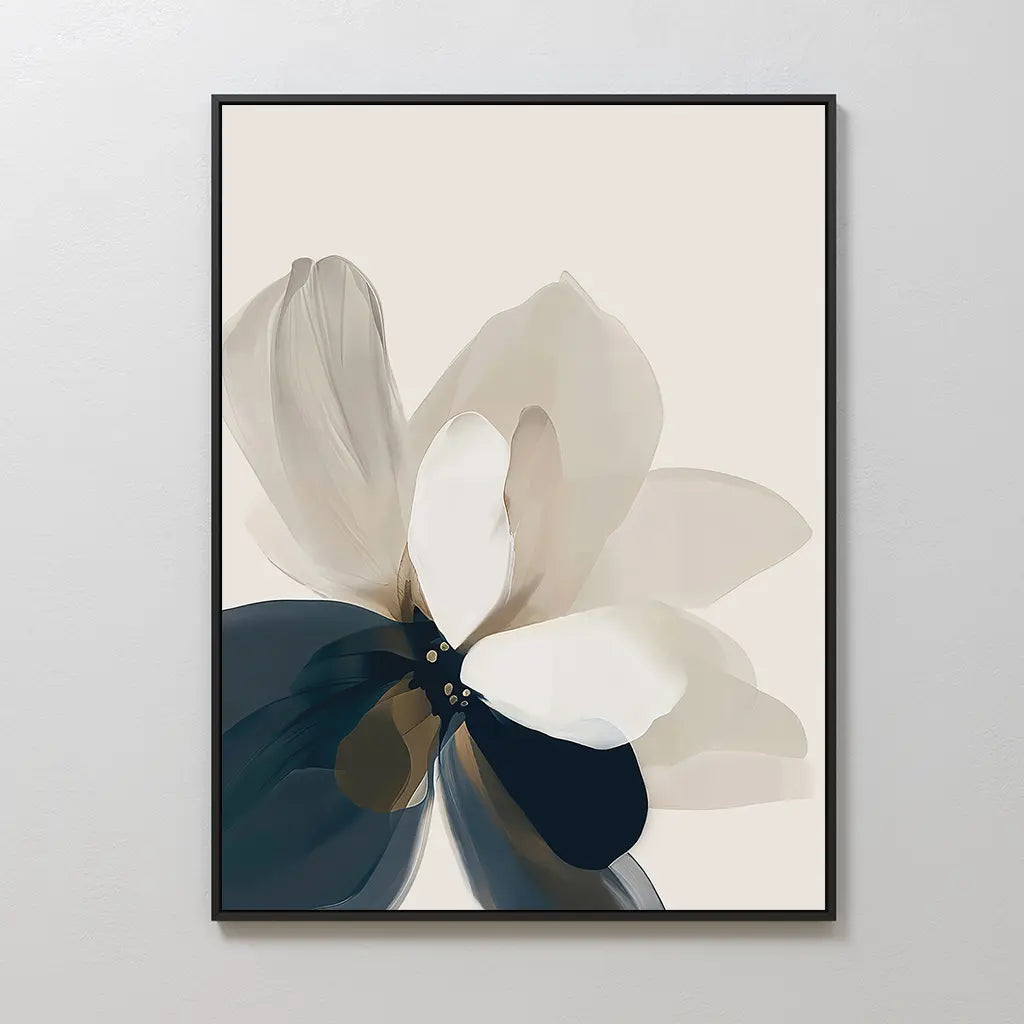 Whispering Petals Canvas Art - Vertical features a minimalist abstract flower with translucent cream, beige, black, and dark blue petals on a light background, framed with a thin black border—ideal for modern bedroom or living room decor.