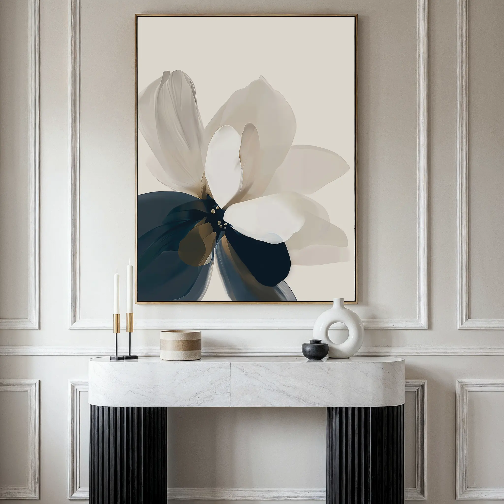 A minimalist room features a marble console, modern decor, and Whispering Petals Canvas Art - Vertical, a neutral and navy abstract flower painting on a paneled wall—perfect for refined living room decor.