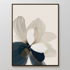 Whispering Petals Canvas Art - Vertical showcases an abstract flower with soft, overlapping petals in beige, white, and dark blue on a light cream background. This minimalist wall art adds a modern touch to any living room decor.