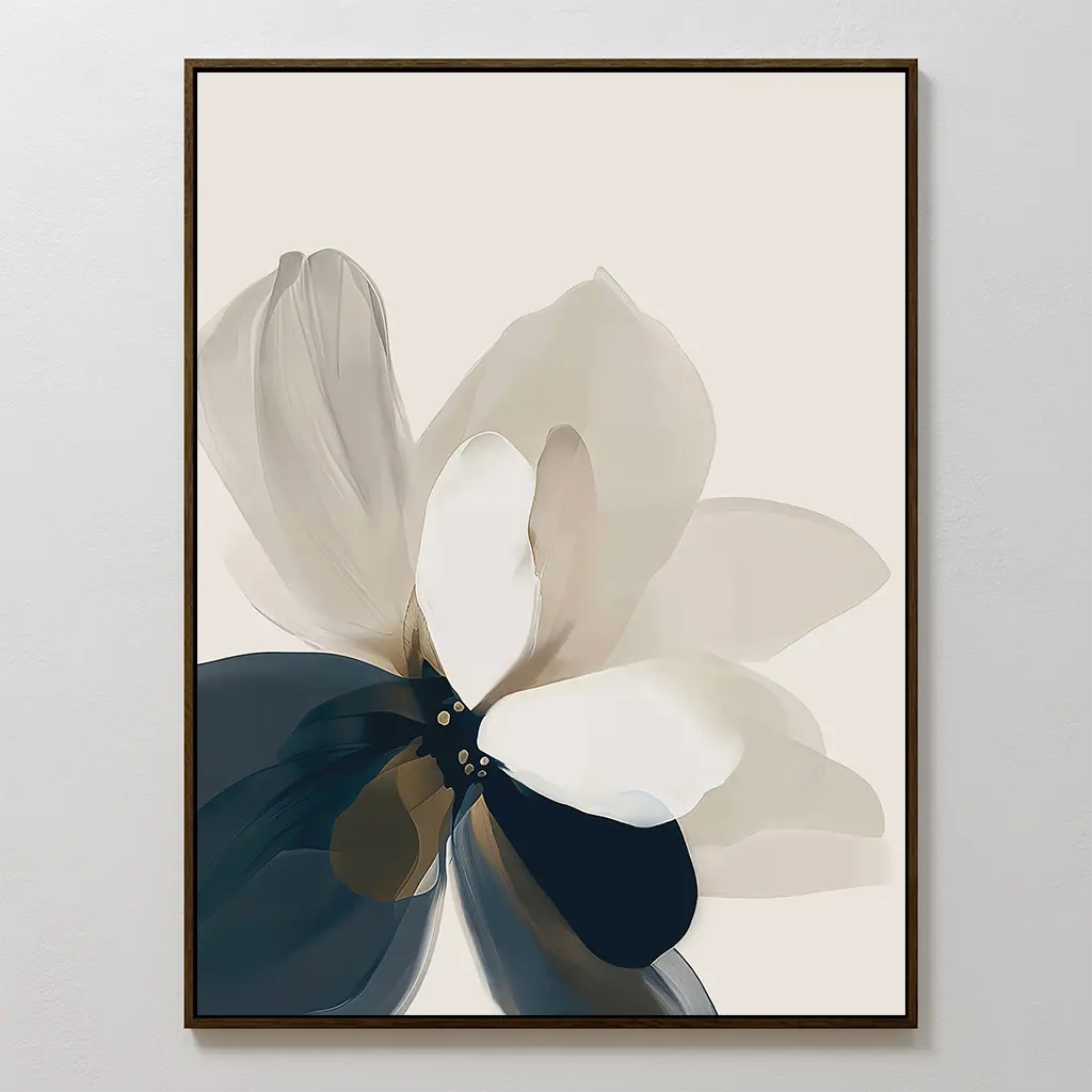 Whispering Petals Canvas Art - Vertical showcases an abstract flower with soft, overlapping petals in beige, white, and dark blue on a light cream background. This minimalist wall art adds a modern touch to any living room decor.