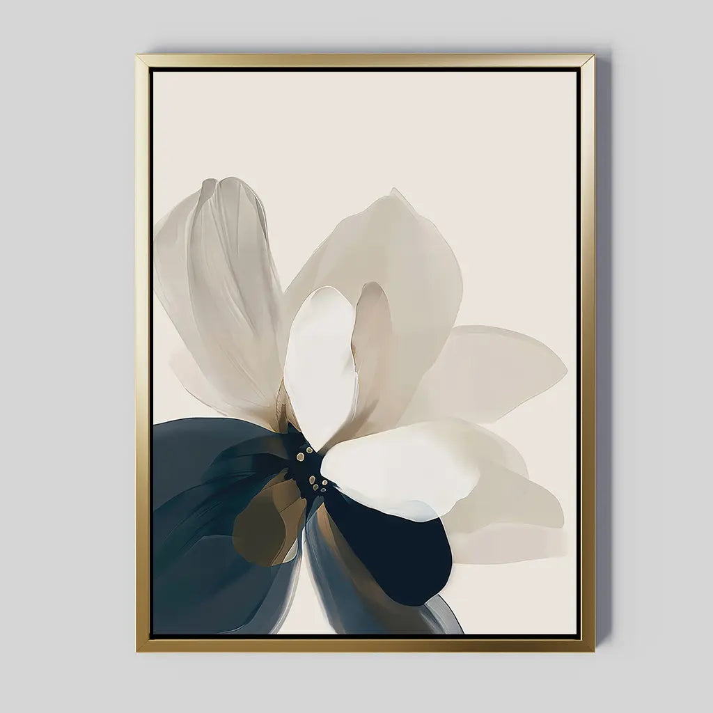 Whispering Petals Canvas Art - Vertical features a framed abstract flower with translucent black, white, beige, and taupe petals on a light background in a gold frame—ideal minimalist wall art for living room decor.