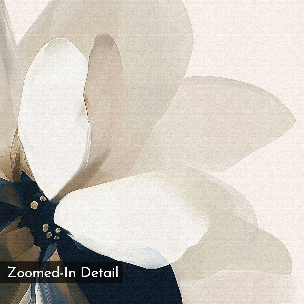 A close-up illustration of a flower with soft white and beige petals on a light background. Perfect as minimalist wall art, this piece is titled "Whispering Petals Canvas Art - Horizontal" and features “Zoomed-In Detail” in the corner.