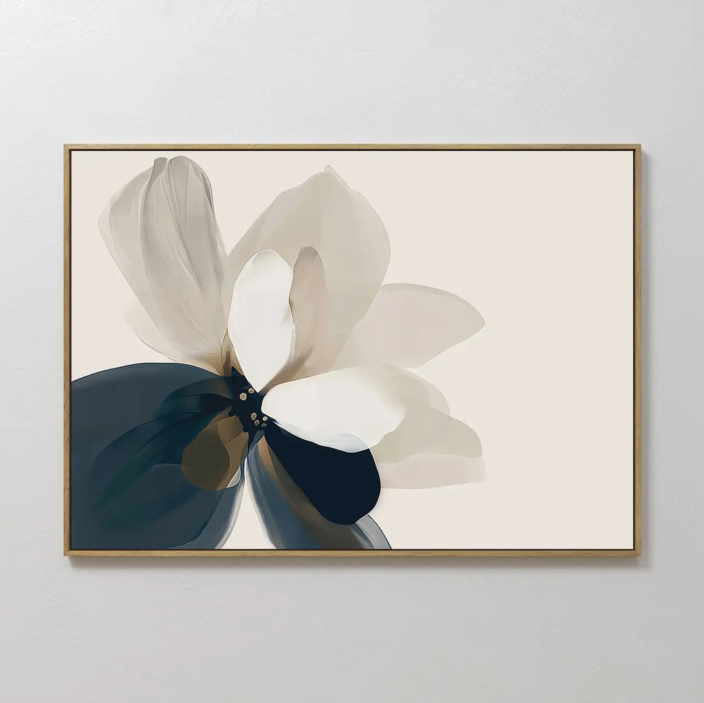 The Whispering Petals Canvas Art - Horizontal features abstract flowers with overlapping translucent petals in cream, white, beige, and dark blue on a light background, framed in wood—ideal minimalist decor for modern bedrooms.
