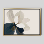 Whispering Petals Canvas Art - Horizontal features a large abstract flower with soft white, beige, and dark blue petals, thin gold frame, and cream background—ideal minimalist wall art for your living room decor.