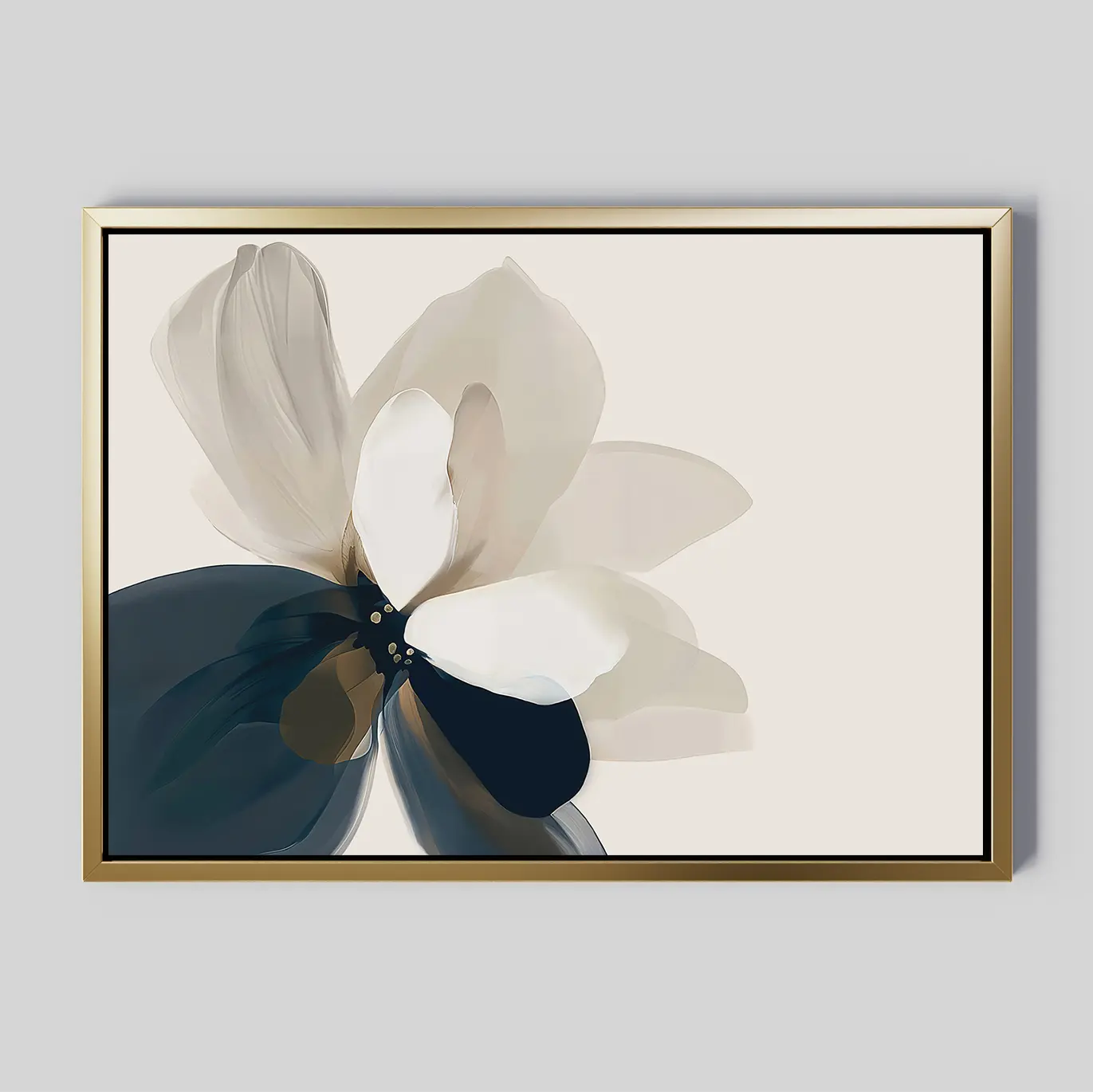 Whispering Petals Canvas Art - Horizontal features a large abstract flower with soft white, beige, and dark blue petals, thin gold frame, and cream background—ideal minimalist wall art for your living room decor.