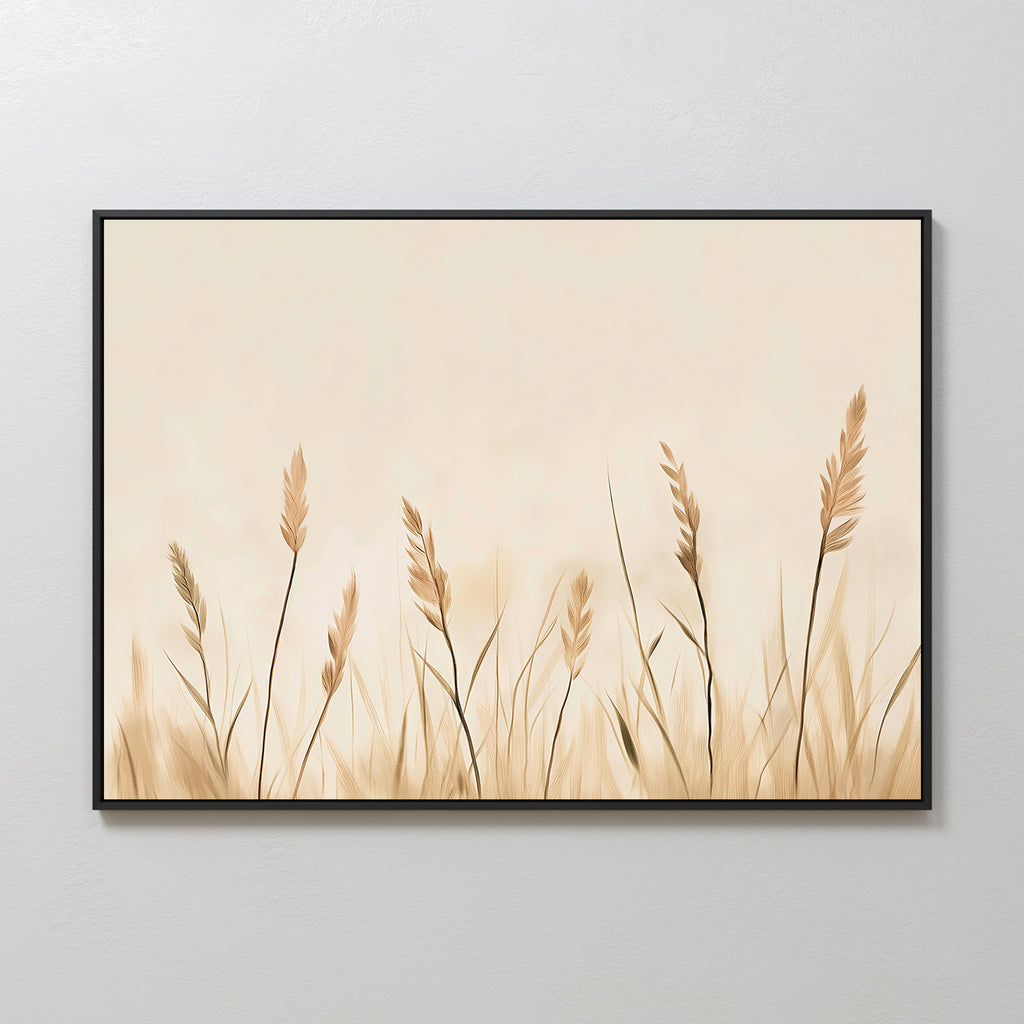 Whispering Reeds Canvas Art features beige and brown wheat stalks on a cream background, framed in sleek black. This modern wall art brings a calm, natural vibe—perfect for understated living room decor.