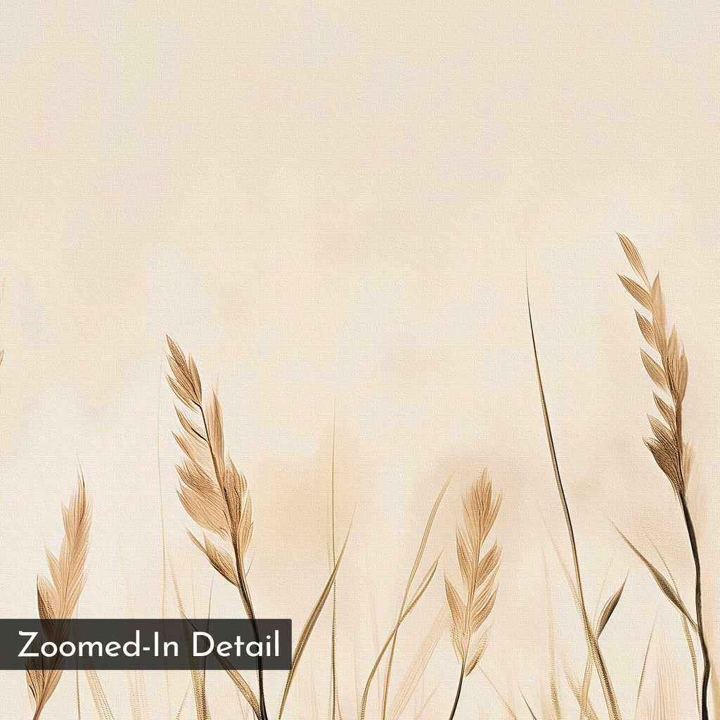 Whispering Reeds Canvas Art features a beige background with illustrated wheat stalks and tall grasses in soft brown tones. A "Zoomed-In Detail" label accents this minimalist, textured print for a natural look.