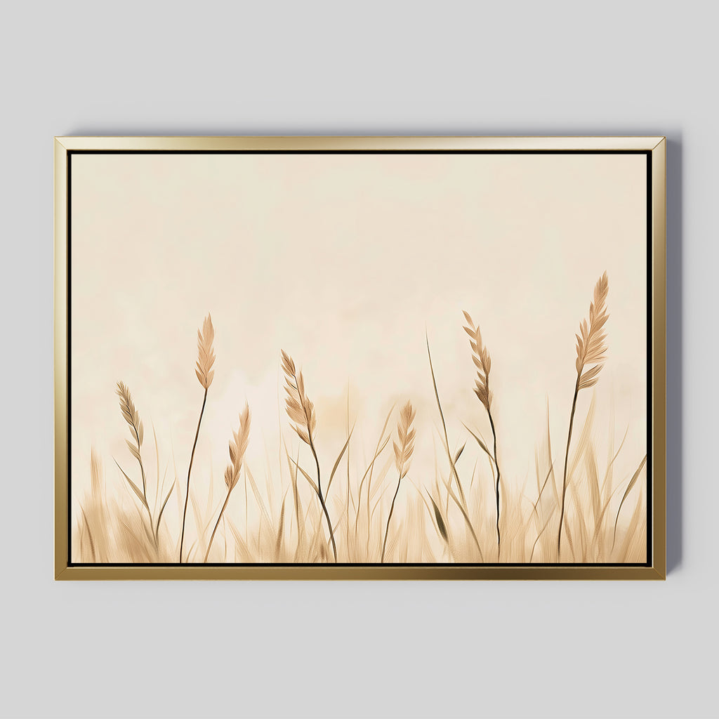 Whispering Reeds Canvas Art features beige and brown wheat stalks on a light background, framed in gold—an elegant piece to enhance your living room decor with modern, minimalist style.