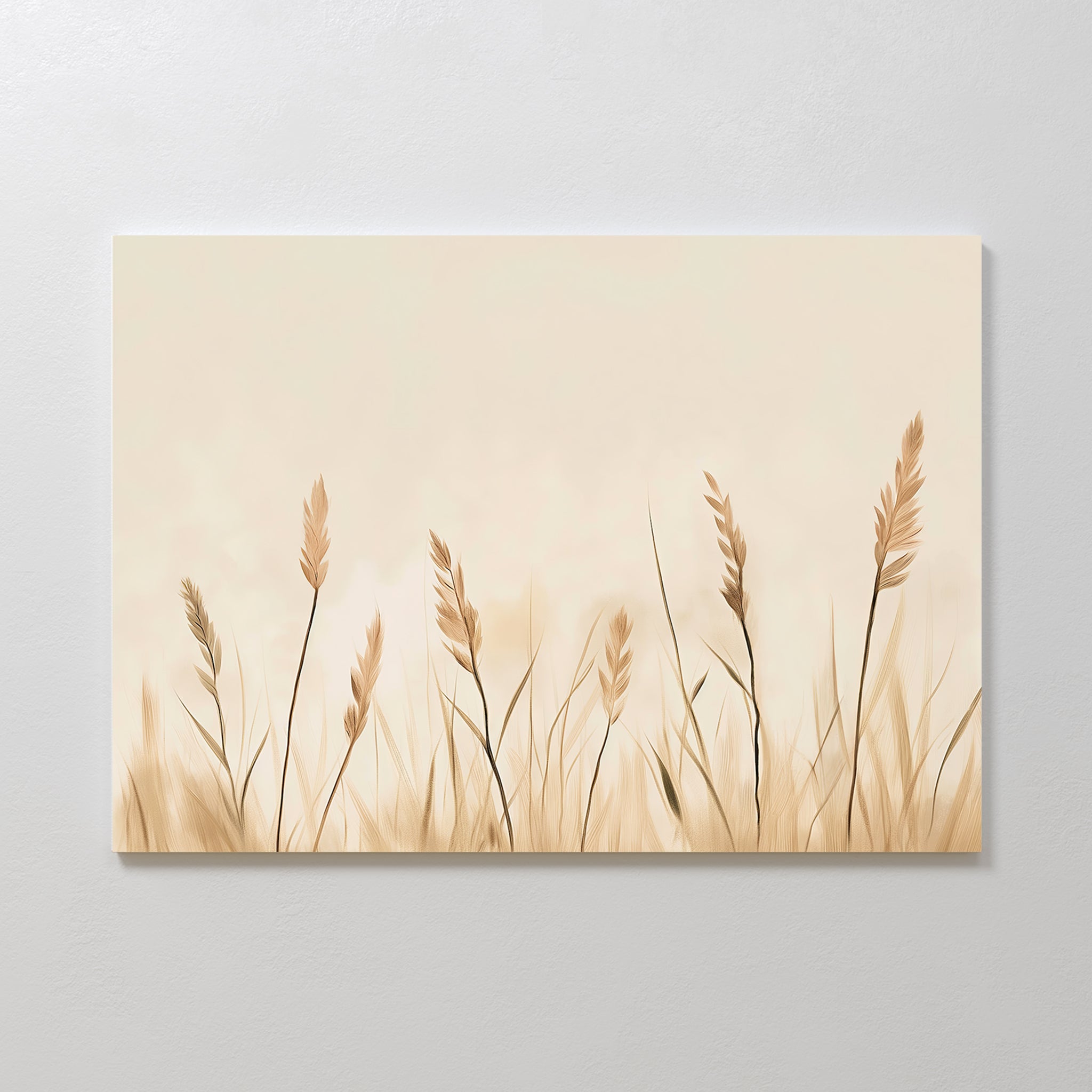 Whispering Reeds Canvas Art showcases tall beige and brown grasses on a light, neutral background. This modern piece uses soft, muted tones to add a serene, natural touch to your living room decor.