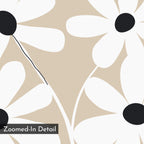 A close-up of White Blooms Canvas Art highlights large white flowers with black centers on a textured beige background. A diagonal black line adds contrast, with a “Zoomed-In Detail” label—ideal for modern botanical decor.