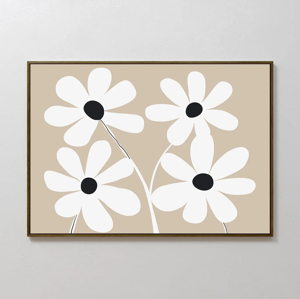 White Blooms Canvas Art features four white flowers with black centers and slender stems on a beige backdrop, framed in brown—a minimalist, modern botanical print that complements any space.