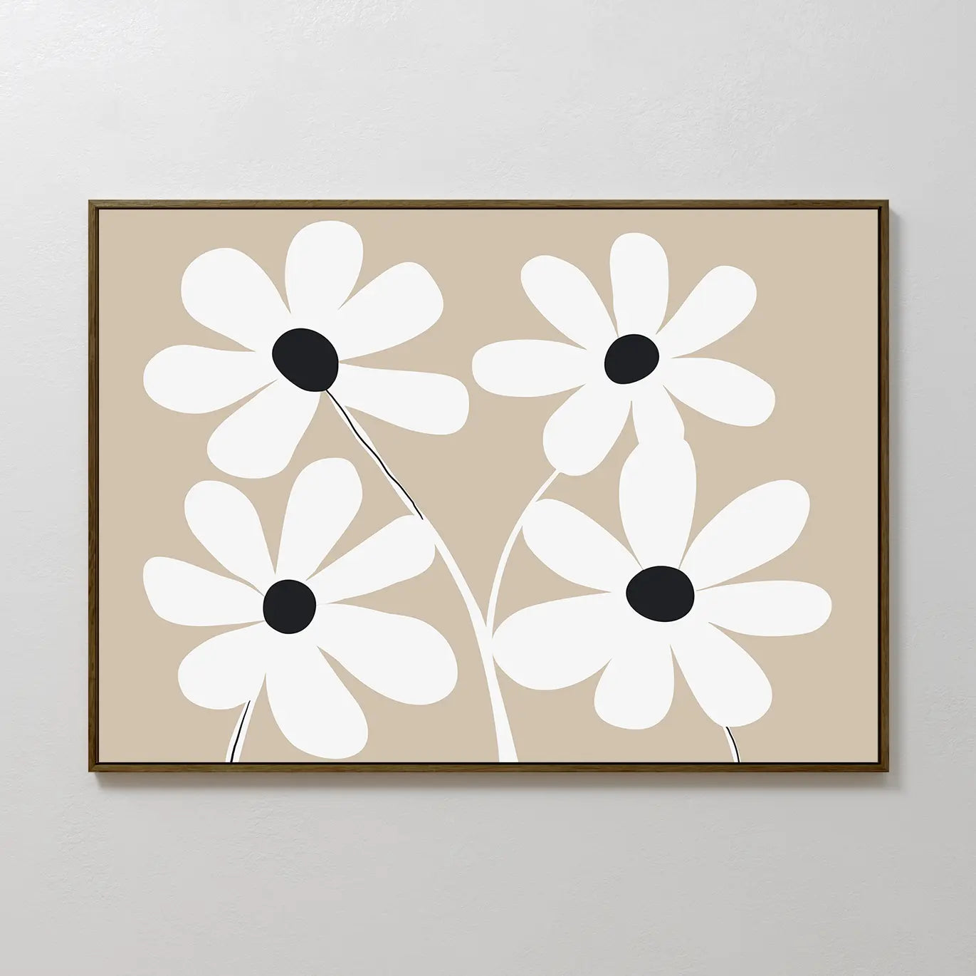 White Blooms Canvas Art features four white flowers with black centers and slender stems on a beige backdrop, framed in brown—a minimalist, modern botanical print that complements any space.