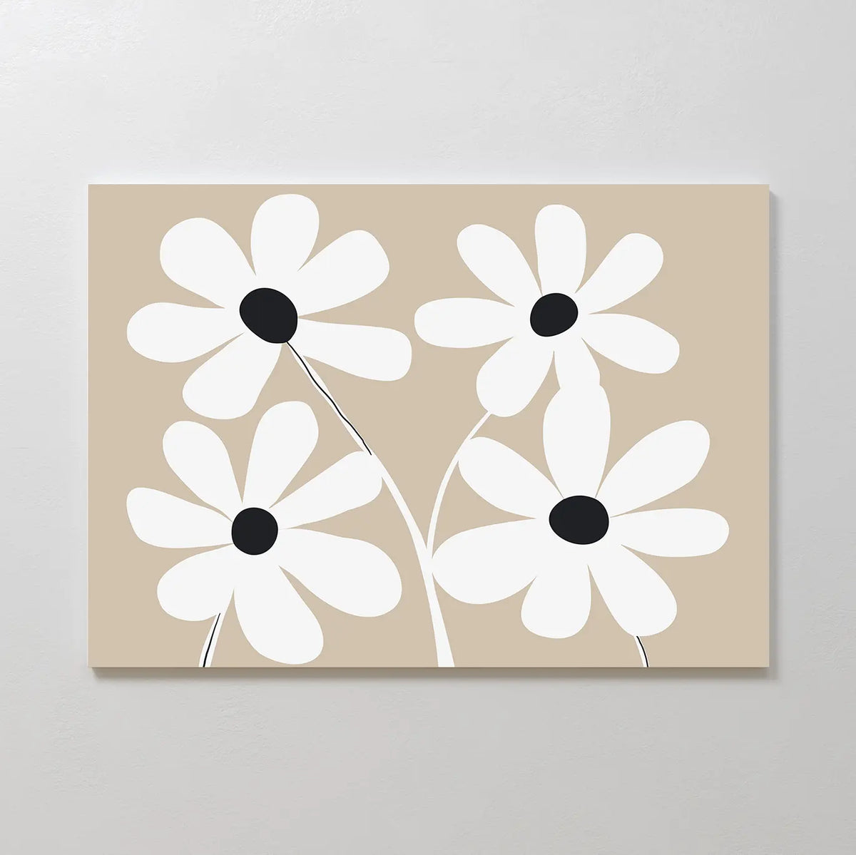 White Blooms Canvas Art features four minimalist white flowers with black centers and thin stems on a beige background, perfect for displaying on a white wall.