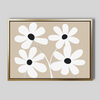 White Blooms Canvas Art showcases four white flowers with black centers and slender stems on a beige background, framed in thin gold—a minimalist, modern botanical wall print ideal for any room.