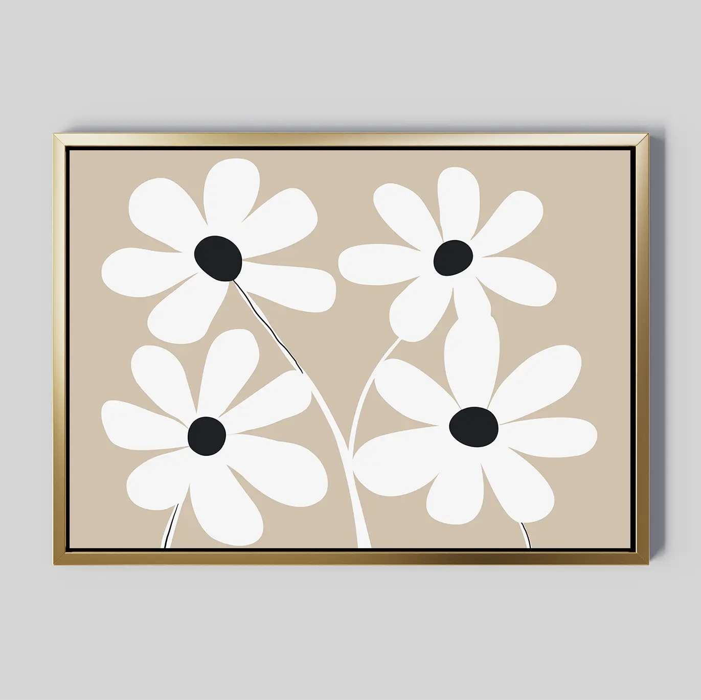 White Blooms Canvas Art showcases four white flowers with black centers and slender stems on a beige background, framed in thin gold—a minimalist, modern botanical wall print ideal for any room.