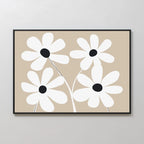 White Blooms Canvas Art: Minimalist wall art with four white flowers, black centers and long stems on a beige background, framed in black.