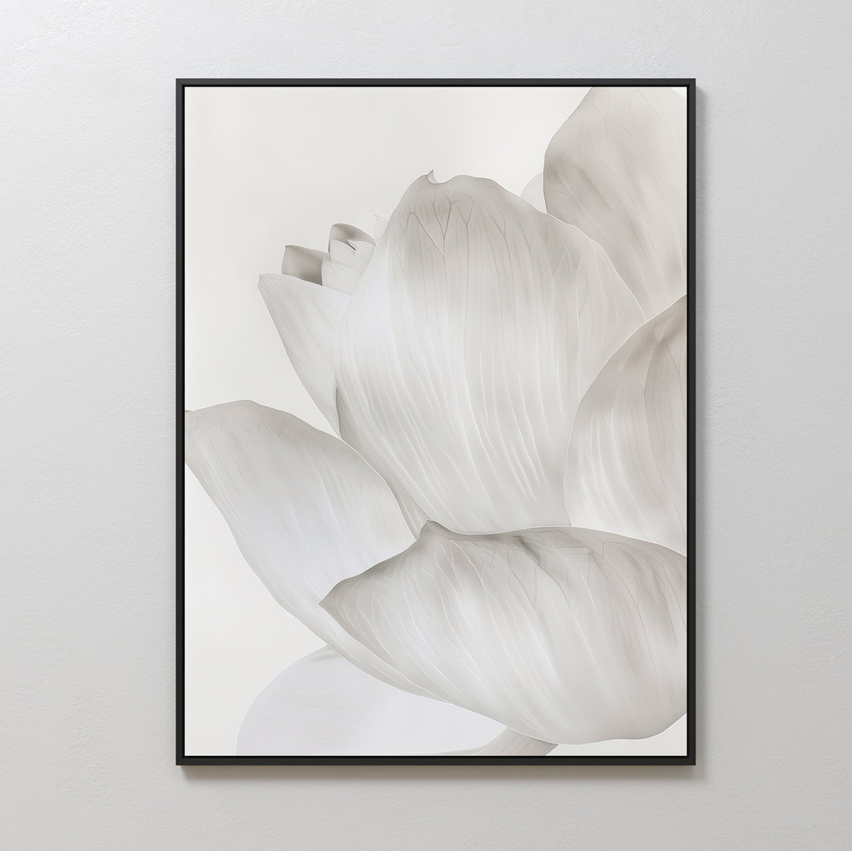 The White Blossom Abstract Canvas Art showcases a soft-focus close-up of white petals on a light background, making it an ideal framed wall piece for minimalist style and enhancing your living room decor.