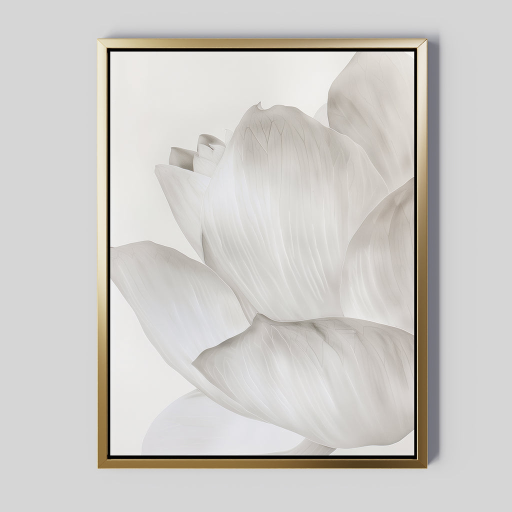 White Blossom Abstract Canvas Art showcases a close-up of a delicate pale flower on a light background. Its gold frame with a thin black inner edge adds elegance, making it perfect for minimalist living room decor.