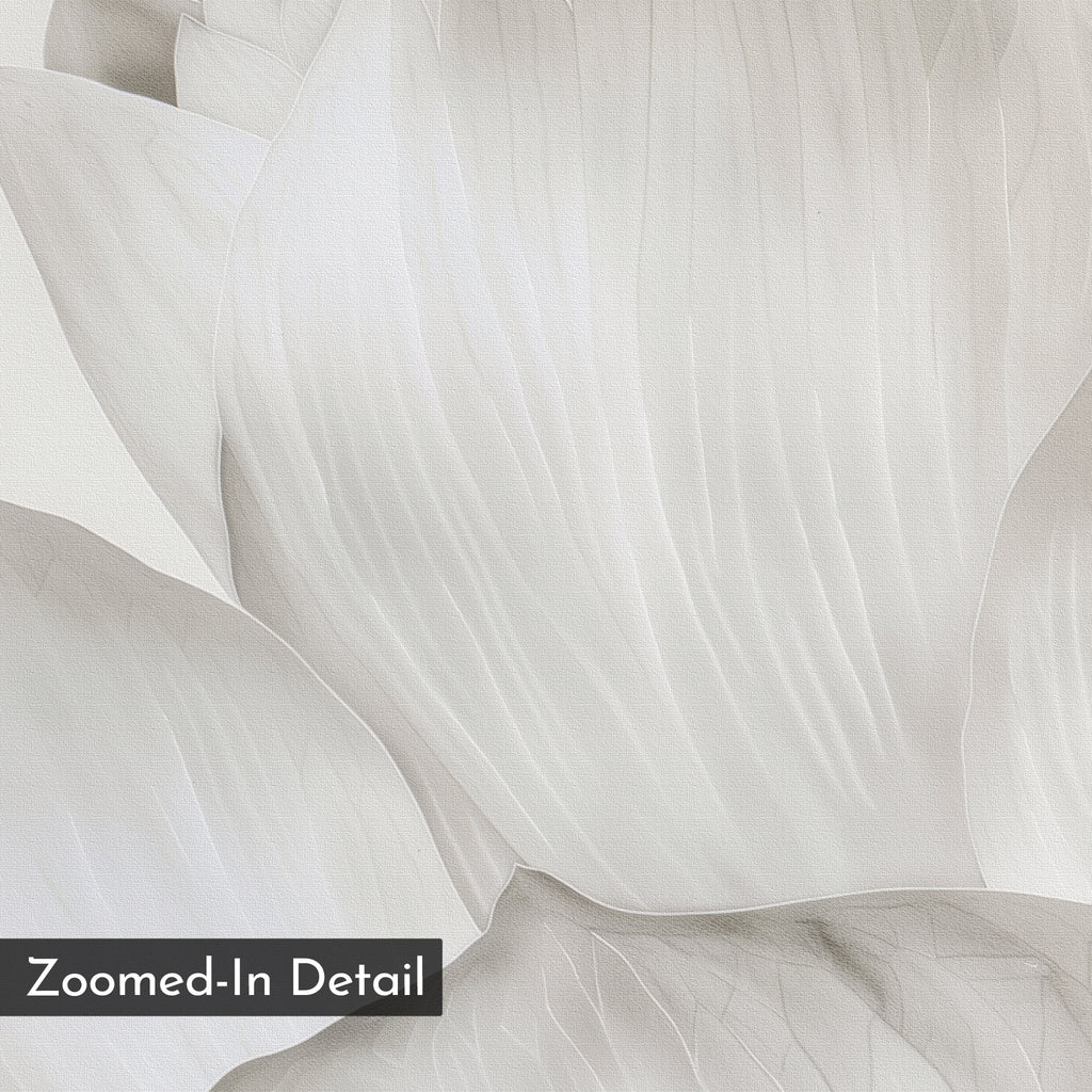 White Blossom Abstract Canvas Art features a close-up of soft, white flower petals with delicate veins, creating a textured, abstract pattern. The image includes a black box in the lower left corner labeled "Zoomed-In Detail.