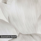 White Blossom Abstract Canvas Art features a close-up of soft, white flower petals with delicate veins, creating a textured, abstract pattern. The image includes a black box in the lower left corner labeled "Zoomed-In Detail.