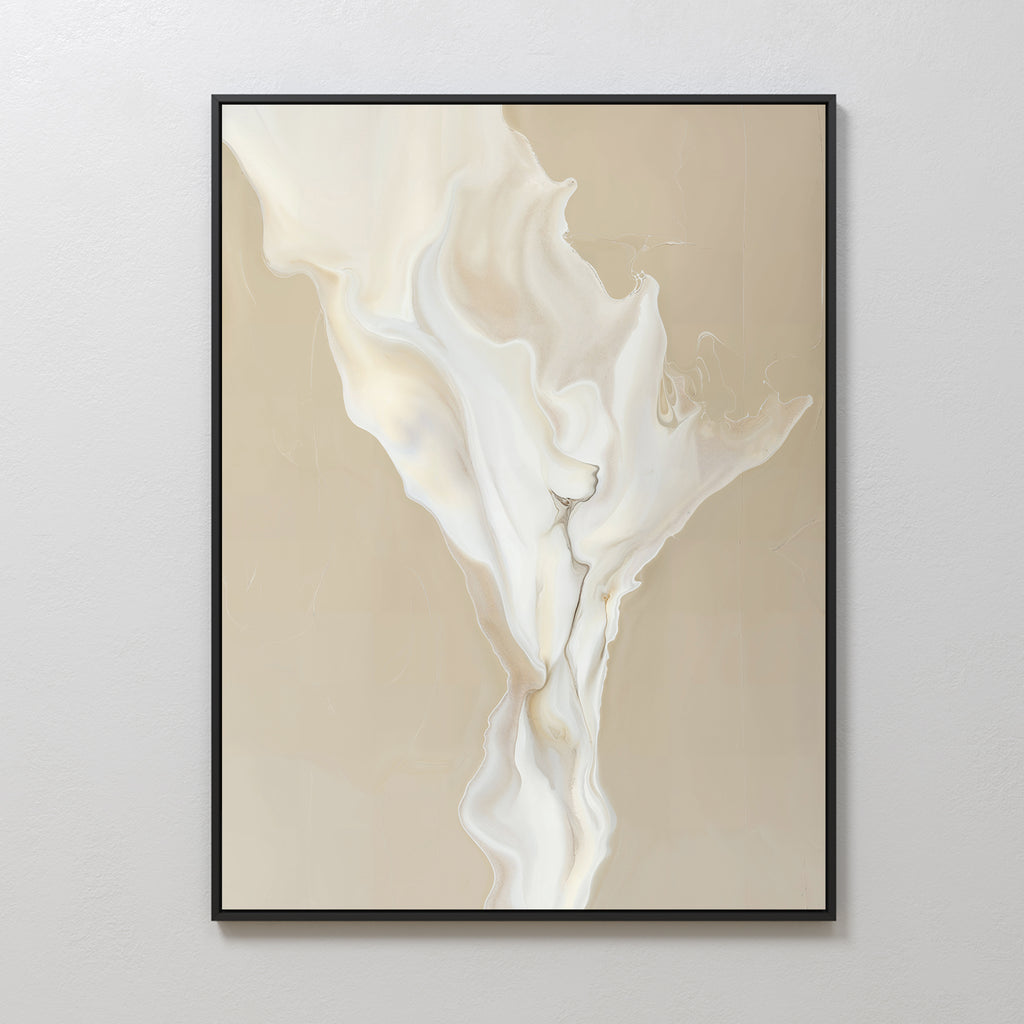 White Flame Abstract Canvas Art features fluid, swirling beige and white tones in a black frame. This minimalist wall art creates a calming effect and is perfect for adding modern style to your living room decor.
