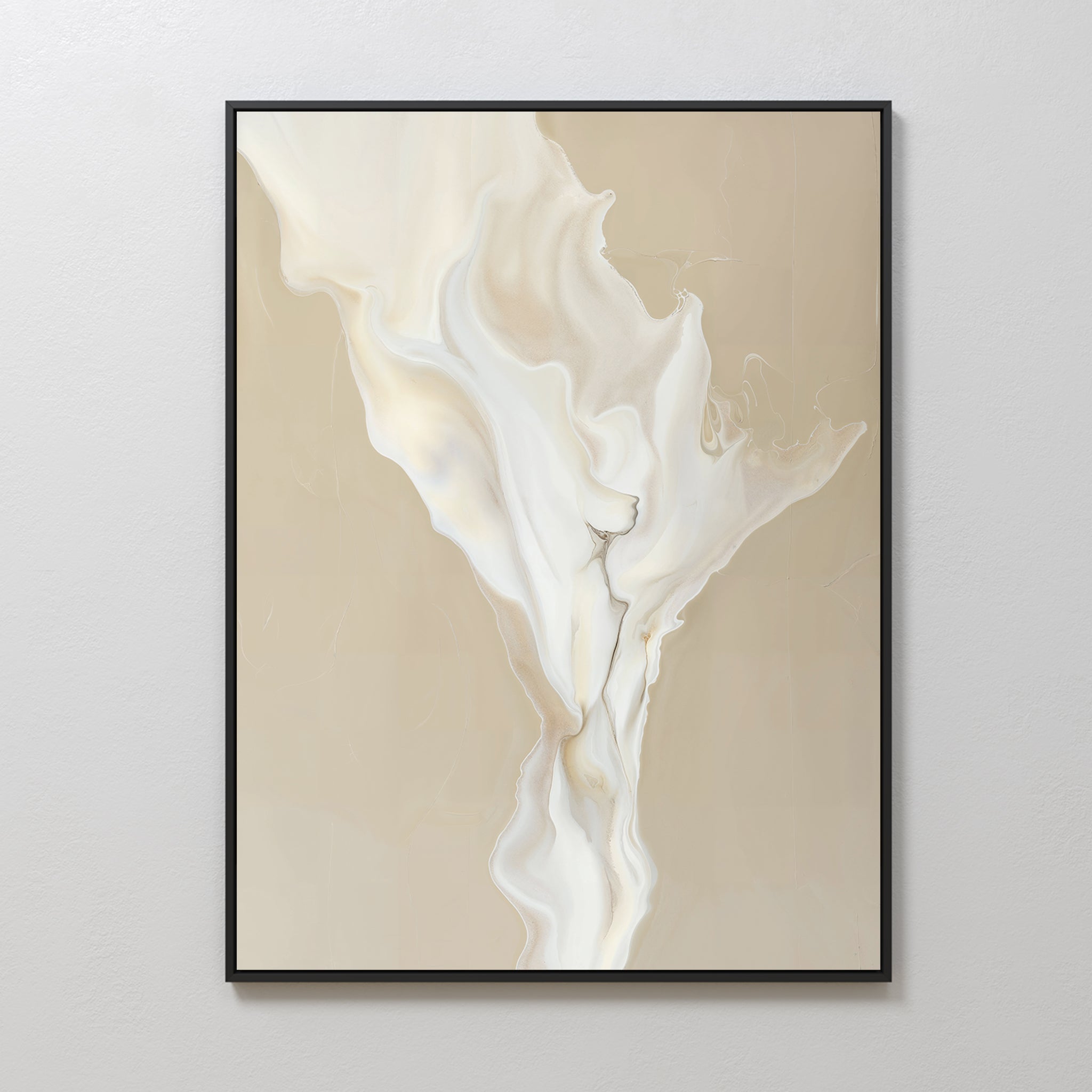 White Flame Abstract Canvas Art features fluid, swirling beige and white tones in a black frame. This minimalist wall art creates a calming effect and is perfect for adding modern style to your living room decor.