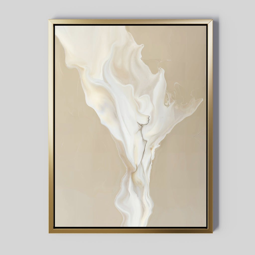 White Flame Abstract Canvas Art features flowing creamy white and beige swirls, framed in gold on a light gray background—a minimalist wall art piece ideal for elevating your living room decor.
