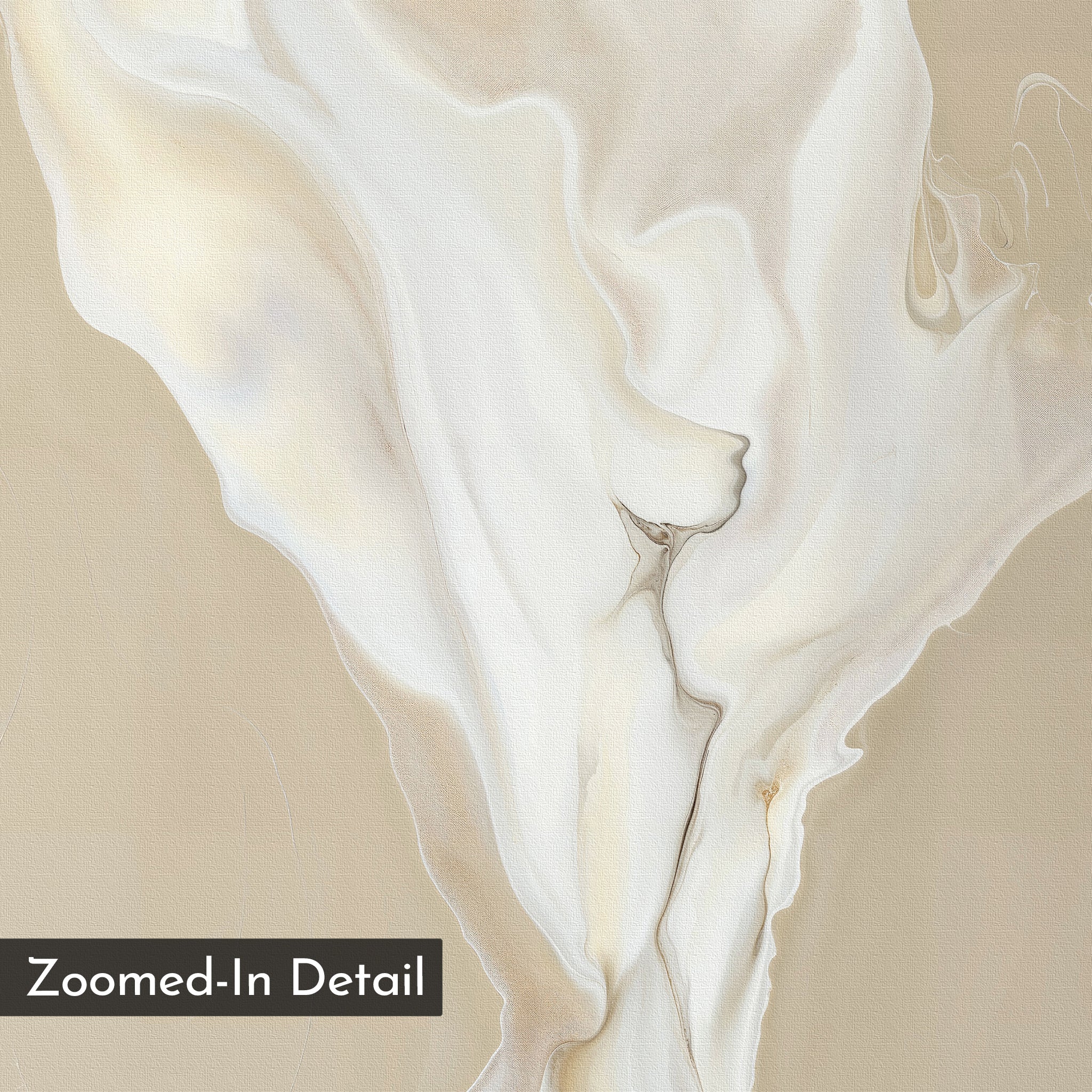 The White Flame Abstract Canvas Art showcases flowing beige and white marbled textures with swirling patterns, resembling fluid paint. Soft lines and organic shapes create modern wall art. A Zoomed-In Detail label appears at the bottom left.