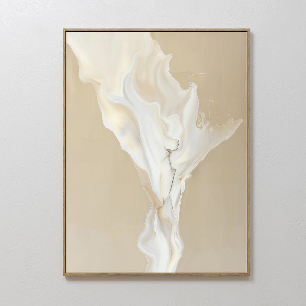 The White Flame Abstract Canvas Art features swirling beige, cream, and white patterns reminiscent of marble. Framed in thin light wood, it adds a minimalist touch to living room decor when displayed on a light gray wall.
