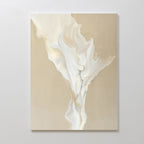 The White Flame Abstract Canvas Art features fluid beige, cream, and white marbled patterns. Mounted on a light wall, this elegant modern piece adds movement and style, making it an ideal choice for sophisticated living room decor.