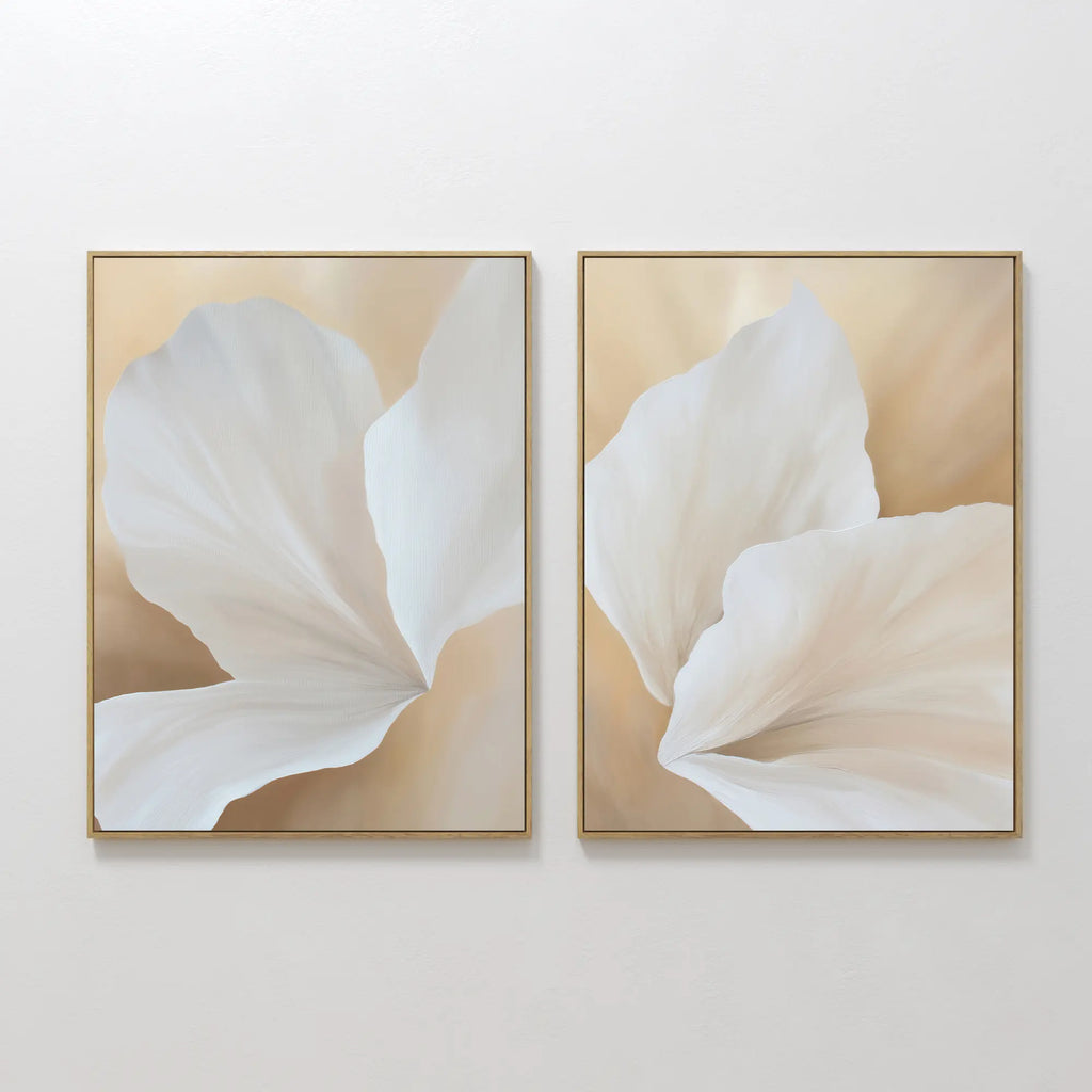 The White Flora Set of 2 features soft, close-up images of white flora on beige and light brown backgrounds—ideal botanical wall art for a serene, Nordic Park-inspired space.