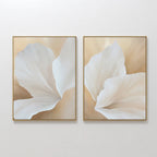 The White Flora Set of 2 features soft, close-up images of white flora on beige and light brown backgrounds—ideal botanical wall art for a serene, Nordic Park-inspired space.