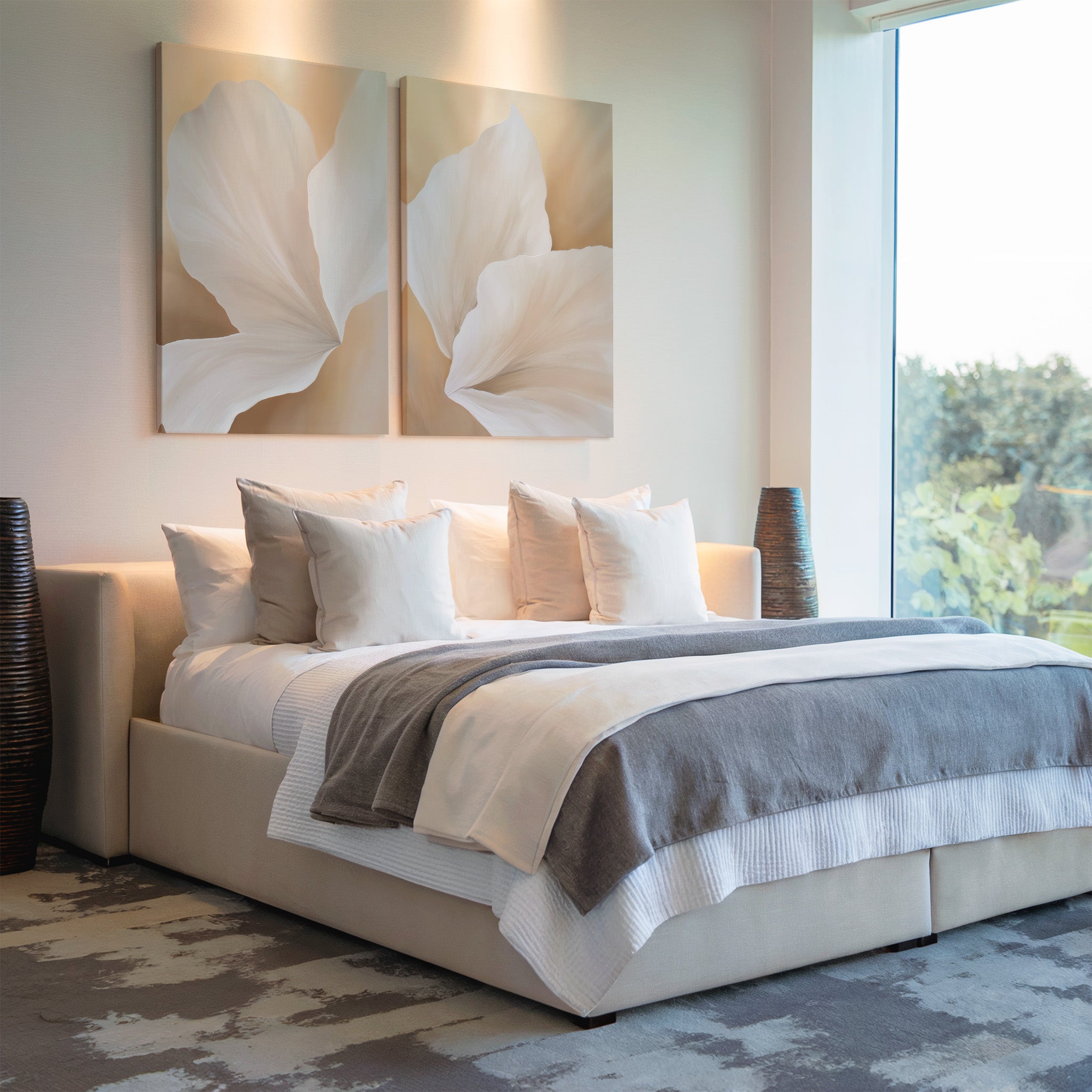 Modern bedroom with a large bed dressed in white and gray bedding, accented by several pillows. Above the headboard hangs the White Flora Set of 2 botanical wall art, with decorative vases nearby and a window showcasing a lush Nordic Park view.