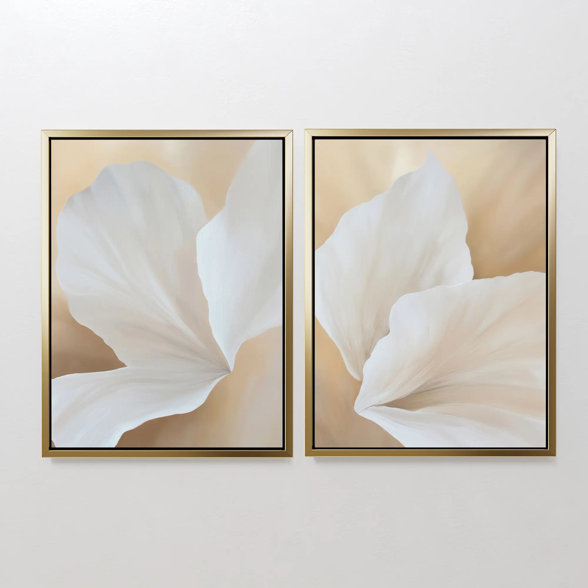 The White Flora Set of 2 features close-up abstract white flora on soft beige backgrounds, offering elegant Nordic Park style botanical wall art that transforms any plain light-colored wall.