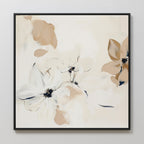 White Whispers Canvas Art features framed abstract florals in soft beige, white, and light brown on a light wall. With gentle, blurred shapes, this minimalist piece creates a dreamy vibe—perfect for elegant living room decor.