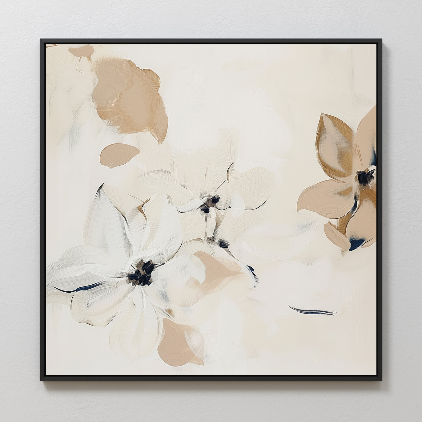 White Whispers Canvas Art features framed abstract florals in soft beige, white, and light brown on a light wall. With gentle, blurred shapes, this minimalist piece creates a dreamy vibe—perfect for elegant living room decor.
