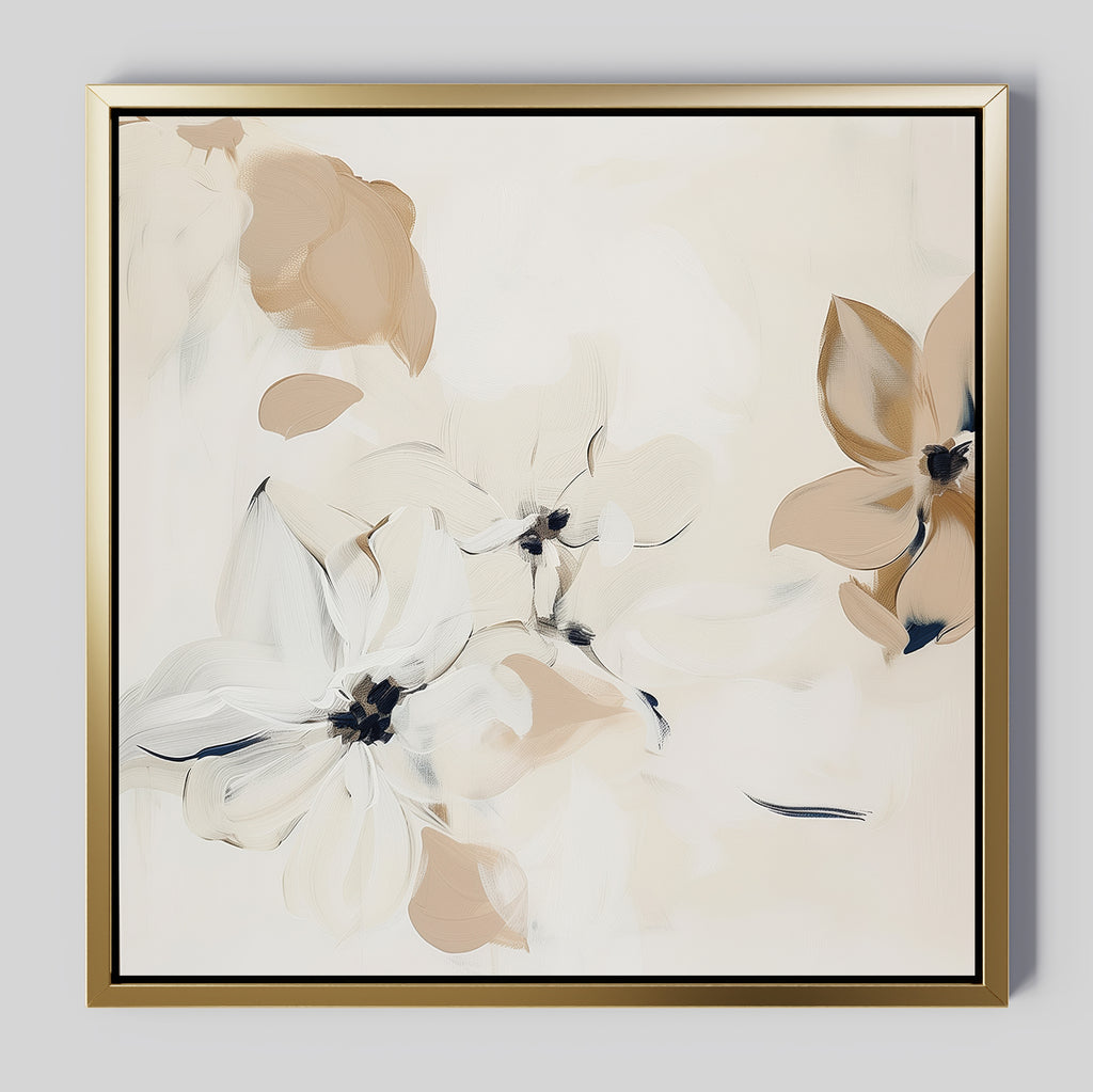 The White Whispers Canvas Art showcases abstract beige and white flowers with black accents on a soft cream background in a slim gold metallic frame, making it an elegant floral wall art choice for modern living room decor.
