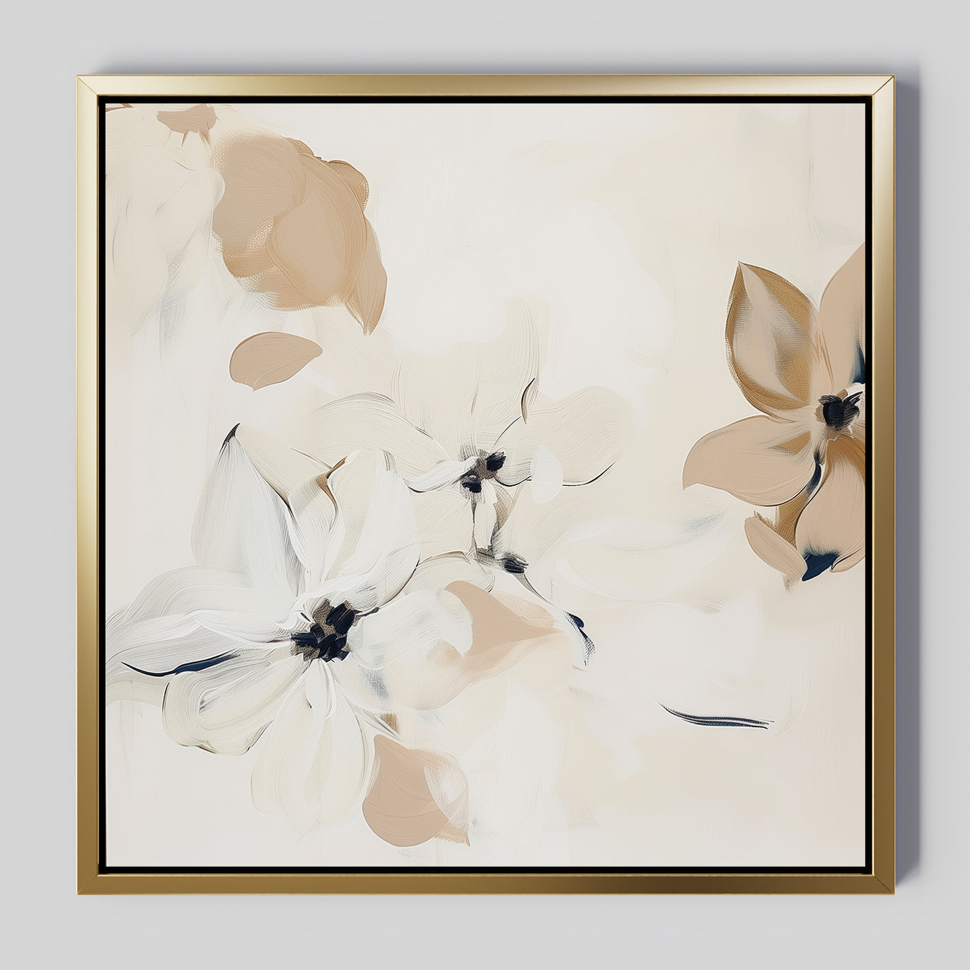 The White Whispers Canvas Art showcases abstract beige and white flowers with black accents on a soft cream background in a slim gold metallic frame, making it an elegant floral wall art choice for modern living room decor.
